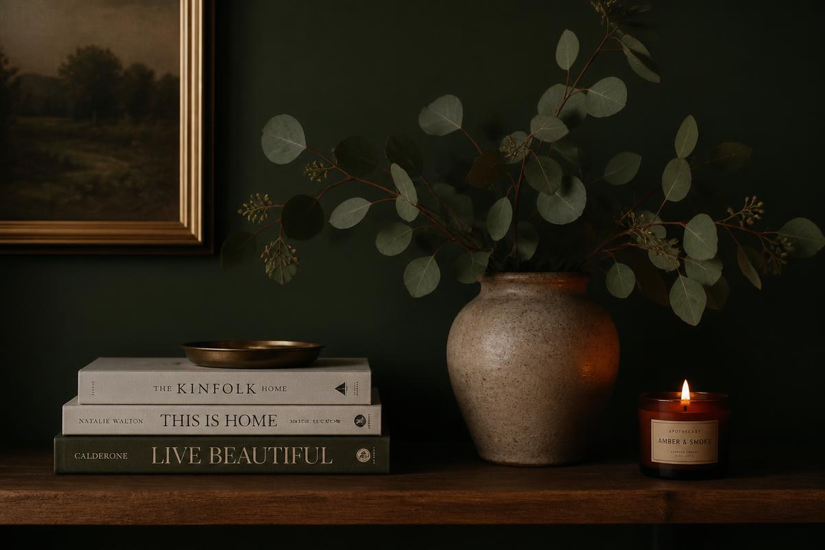 Books, a ceramic vase with eucalyptus and a candle on a shelf