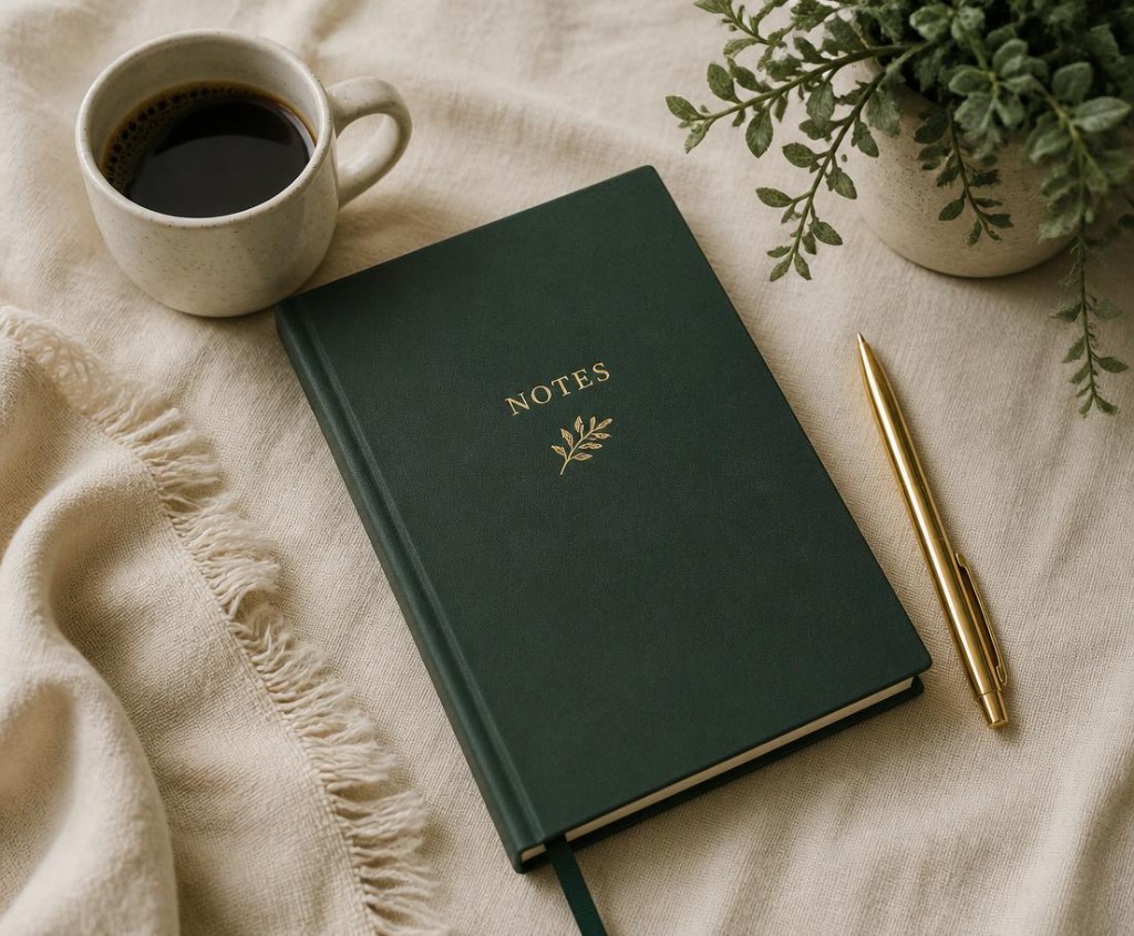 A dark green journal with a gold pen, coffee and a plant